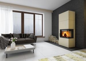 Sálavý kachlový krb Hein Solid R Accum bílé velkoformátové kachle