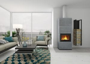 Sálavý kachlový krb Hein Solid F Accum velkoformátové šedé kachle